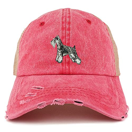 Trendy Apparel Shop Miniature Schnauzer Dog Embroidered Frayed Bill Trucker Mesh Back Cap