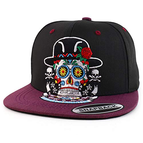 Trendy Apparel Shop Dia De Los Muerto Skull Embroidered Flatbill Snapback Cap