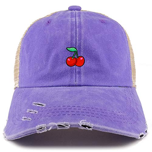 Trendy Apparel Shop Cherry Patch Pigment Dyed Mesh Back Frayed Bill Trucker Cap