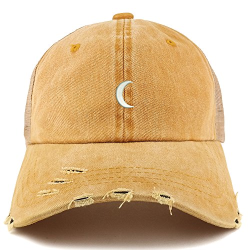 Trendy Apparel Shop Crescent Moon Embroidered Frayed Bill Trucker Mesh Back Cap