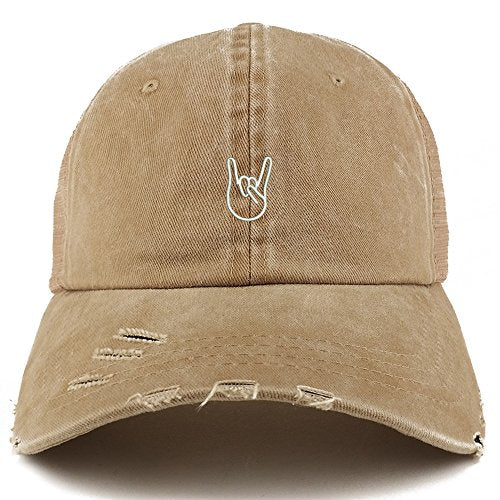 Trendy Apparel Shop Rock On Embroidered Frayed Bill Trucker Mesh Back Cap