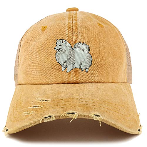 Trendy Apparel Shop Spitz Dog Embroidered Frayed Bill Trucker Mesh Back Cap