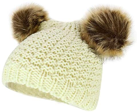 Trendy Apparel Shop Kid's Youth Size Girls Fur pom Ears Crochet Knit Beanie Hat