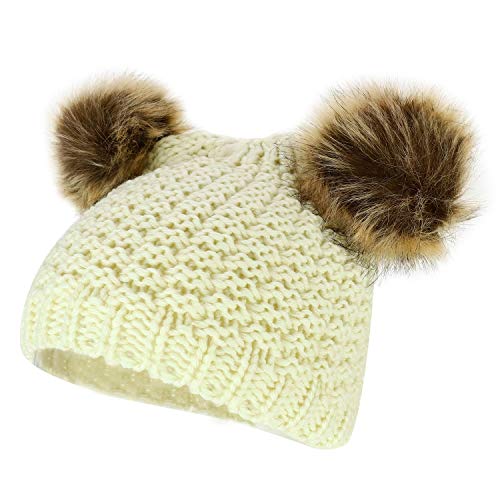 Trendy Apparel Shop Kid's Youth Size Girls Fur pom Ears Crochet Knit Beanie Hat