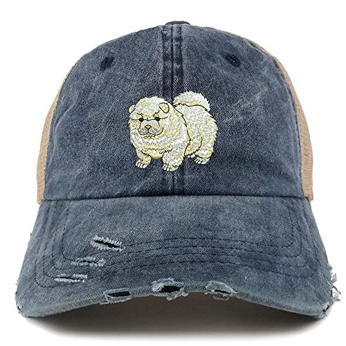 Trendy Apparel Shop Chow Chow Dog Embroidered Frayed Bill Trucker Mesh Back Cap