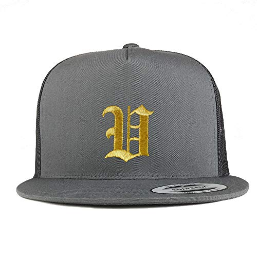 Trendy Apparel Shop Old English Gold V Embroidered 5 Panel Flatbill Trucker Mesh Cap