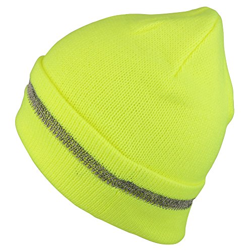 Trendy Apparel Shop High Visibility Reflective Striped Long Cuff Knit Beanie Hat