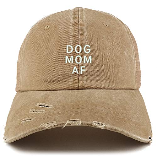 Trendy Apparel Shop Dog Mom AF Washed Front Mesh Back Frayed Bill Trucker Cap