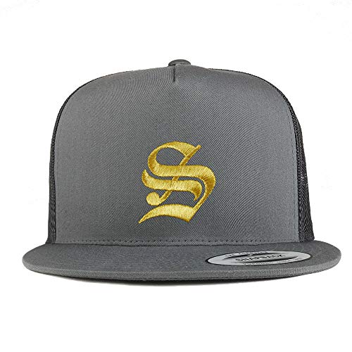 Trendy Apparel Shop Old English Gold S Embroidered 5 Panel Flatbill Trucker Mesh Cap