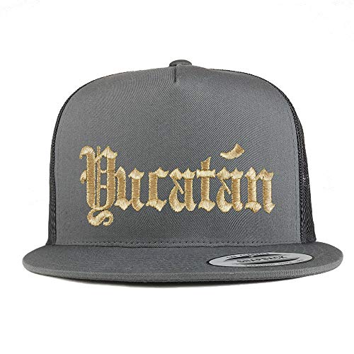 Trendy Apparel Shop Old English Yucatan Gold Embroidered 5 Panel Flatbill Trucker Mesh Cap