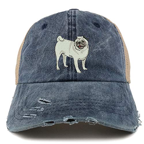 Trendy Apparel Shop Pug Dog Embroidered Frayed Bill Trucker Mesh Back Cap