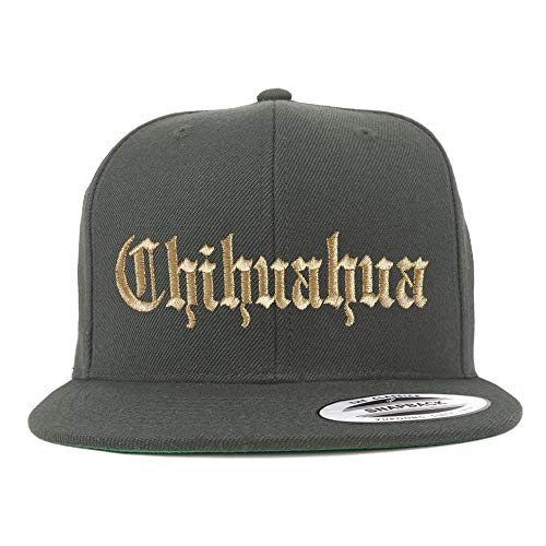 Trendy Apparel Shop Old English Chihuahua Gold Embroidered Flatbill Snapback Baseball Cap