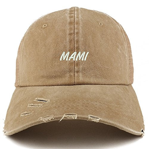 Trendy Apparel Shop Mami Embroidered Frayed Bill Trucker Mesh Back Cap