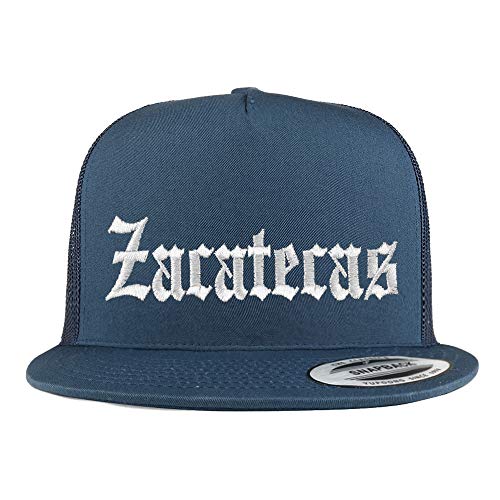 Trendy Apparel Shop Old English Zacatecas White Embroidered 5 Panel Flatbill Trucker Mesh Cap