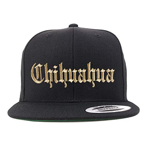 Trendy Apparel Shop Old English Chihuahua Gold Embroidered Flatbill Snapback Baseball Cap