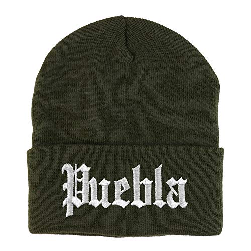 Trendy Apparel Shop Old English Puebla White Embroidered Acrylic Knit Beanie Cap