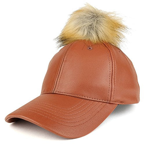 Trendy Apparel Shop Plain PU Leather Unstructured Baseball Cap with Fur Pom
