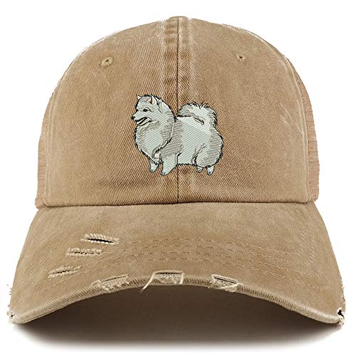 Trendy Apparel Shop Spitz Dog Embroidered Frayed Bill Trucker Mesh Back Cap