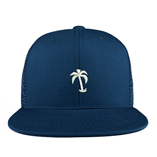 Trendy Apparel Shop Palm Tree Solid White Embroidered Cotton Flat Bill Mesh Back Trucker Cap