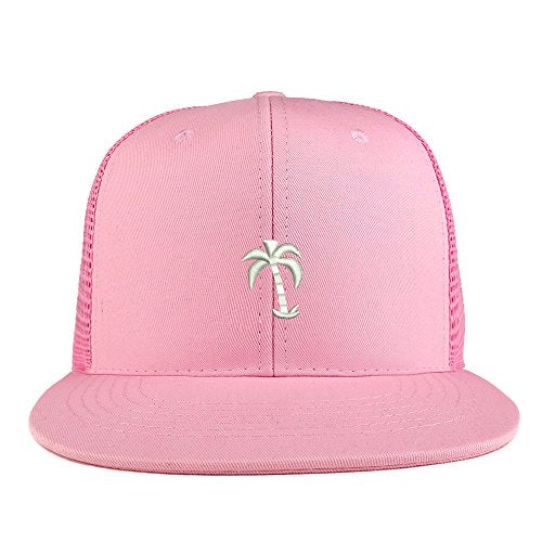 Trendy Apparel Shop Palm Tree Solid White Embroidered Cotton Flat Bill Mesh Back Trucker Cap