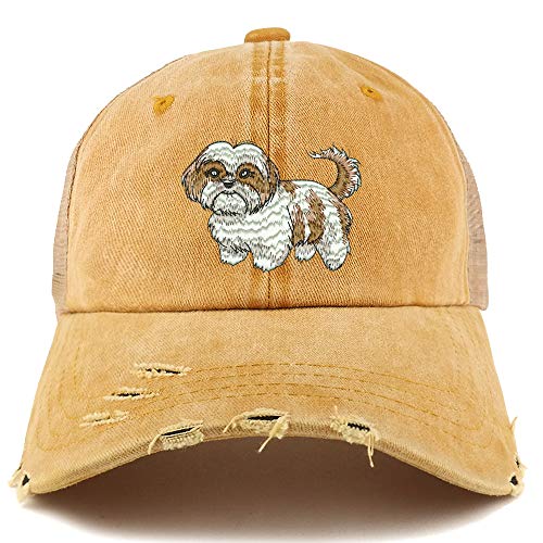 Trendy Apparel Shop Shih Tzu Dog Embroidered Frayed Bill Trucker Mesh Back Cap