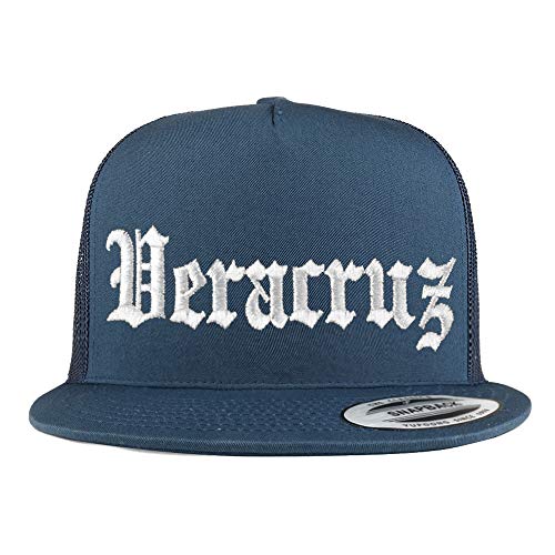 Trendy Apparel Shop Old English Veracruz White Embroidered 5 Panel Flatbill Trucker Mesh Cap