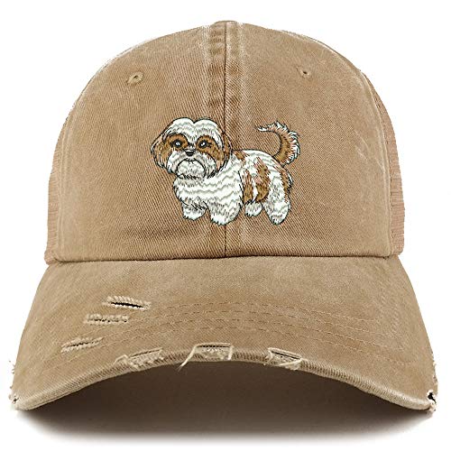 Trendy Apparel Shop Shih Tzu Dog Embroidered Frayed Bill Trucker Mesh Back Cap