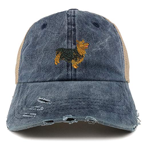 Trendy Apparel Shop Australian Terrier Dog Embroidered Frayed Bill Trucker Mesh Back Cap
