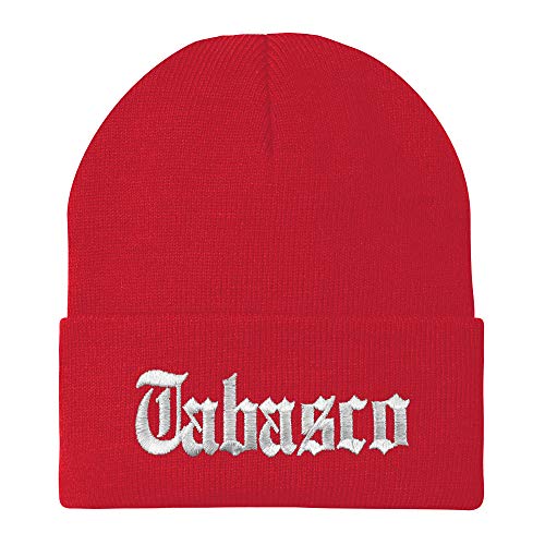 Trendy Apparel Shop Old English Tabasco White Embroidered Acrylic Knit Beanie Cap