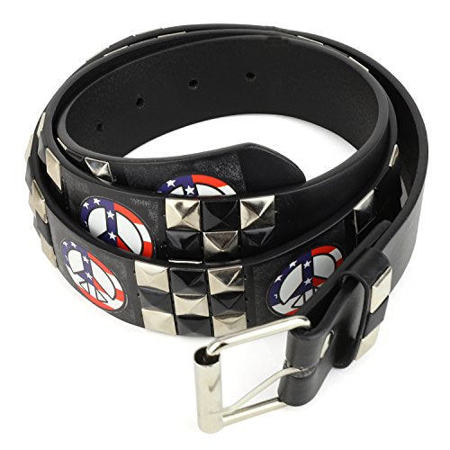 Trendy Apparel Shop USA Flag Peace Logo Printed Color Tile Genuine Leather Belt