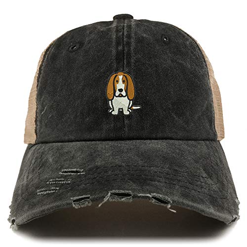 Trendy Apparel Shop Basset Hound Dog Embroidered Frayed Bill Trucker Mesh Back Cap