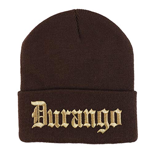 Trendy Apparel Shop Old English Durango Gold Embroidered Acrylic Knit Beanie Cap