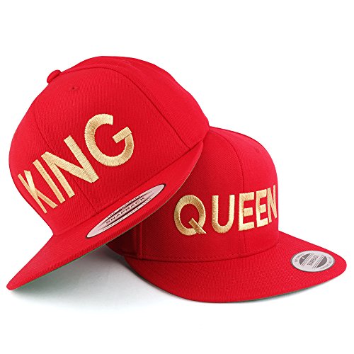 Trendy Apparel Shop King and Queen Gold Embroidered Flat Bill Structured Baseball Cap