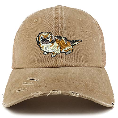 Trendy Apparel Shop Pekingese Dog Embroidered Frayed Bill Trucker Mesh Back Cap