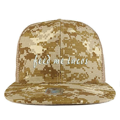 Trendy Apparel Shop Feed Me Tacos Embroidered Cotton Camo Flat Bill Mesh Trucker Cap