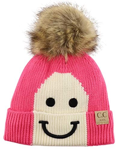 Trendy Apparel Shop Youth Size Kid's Smile Embroidered Faux Fur Pom Beanie