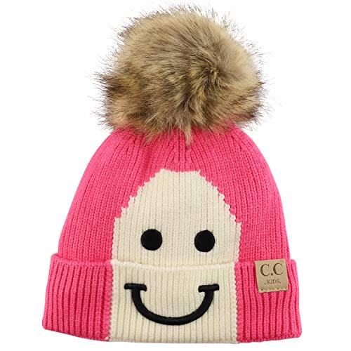 Trendy Apparel Shop Youth Size Kid's Smile Embroidered Faux Fur Pom Beanie
