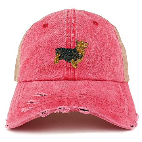 Trendy Apparel Shop Australian Terrier Dog Embroidered Frayed Bill Trucker Mesh Back Cap