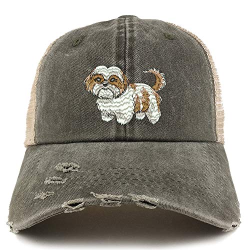 Trendy Apparel Shop Shih Tzu Dog Embroidered Frayed Bill Trucker Mesh Back Cap