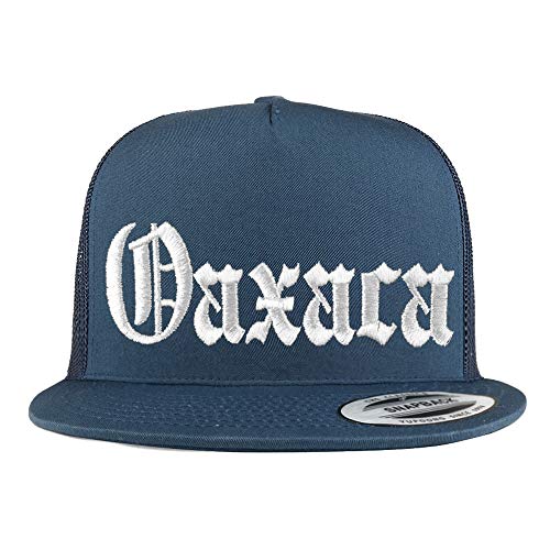Trendy Apparel Shop Old English Oaxaca White Embroidered 5 Panel Flatbill Trucker Mesh Cap