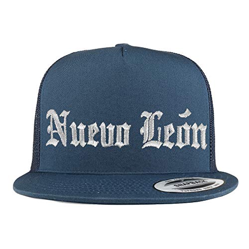 Trendy Apparel Shop Old English Nuevo Leon White Embroidered 5 Panel Flatbill Trucker Mesh Cap