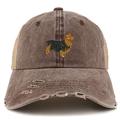Trendy Apparel Shop Australian Terrier Dog Embroidered Frayed Bill Trucker Mesh Back Cap
