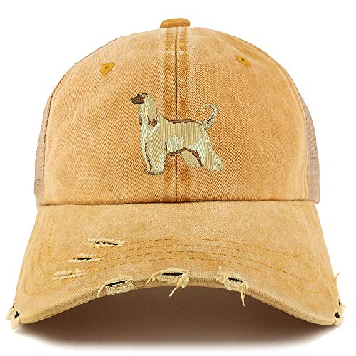 Trendy Apparel Shop Afghan Hound Dog Embroidered Frayed Bill Trucker Mesh Back Cap