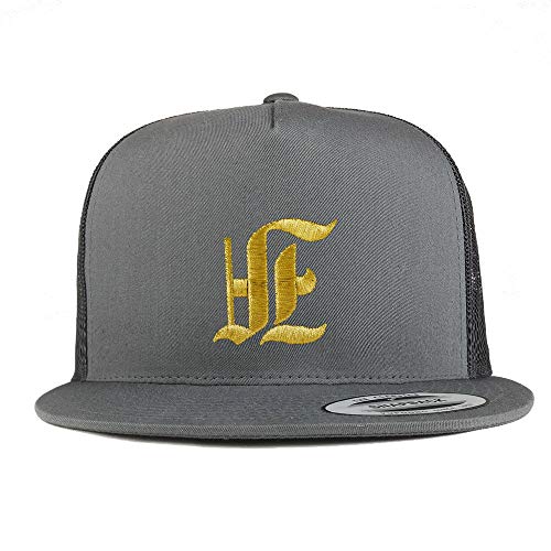 Trendy Apparel Shop Old English Gold F Embroidered 5 Panel Flatbill Trucker Mesh Cap