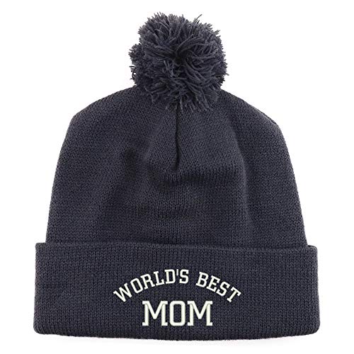 Trendy Apparel Shop World's Best Mom Embroidered Solid Winter Cuff Beanie Hat with Pom Pom