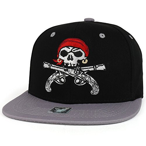 Trendy Apparel Shop Pirate Skull Guns Embroidered Flatbill Cotton Snapback Cap