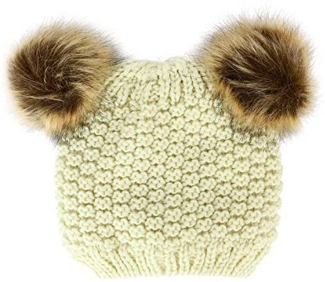 Trendy Apparel Shop Kid's Youth Size Girls Fur pom Ears Crochet Knit Beanie Hat
