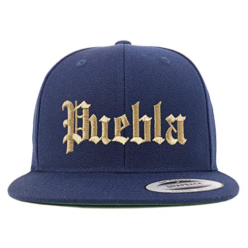 Trendy Apparel Shop Old English Puebla Gold Embroidered Flatbill Snapback Baseball Cap