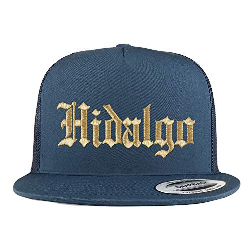 Trendy Apparel Shop Old English Hidalgo Gold Embroidered 5 Panel Flatbill Trucker Mesh Cap