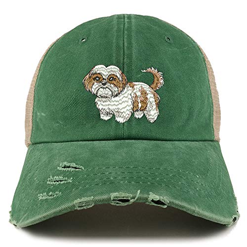 Trendy Apparel Shop Shih Tzu Dog Embroidered Frayed Bill Trucker Mesh Back Cap